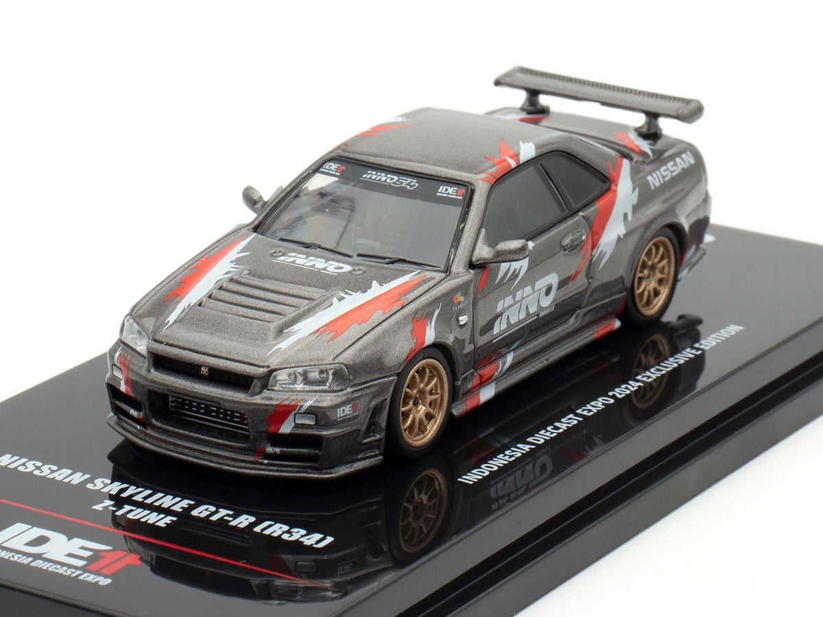 Nissan Skyline GT-R (R34) Z-Tune RHD (Right Hand Drive) Gray Metallic with Graphics "Indonesia Diecast Expo 2024 Exclusive Edition" 1/64 Diecast Model Car by Inno Models LuxuryLifeWay Online Store