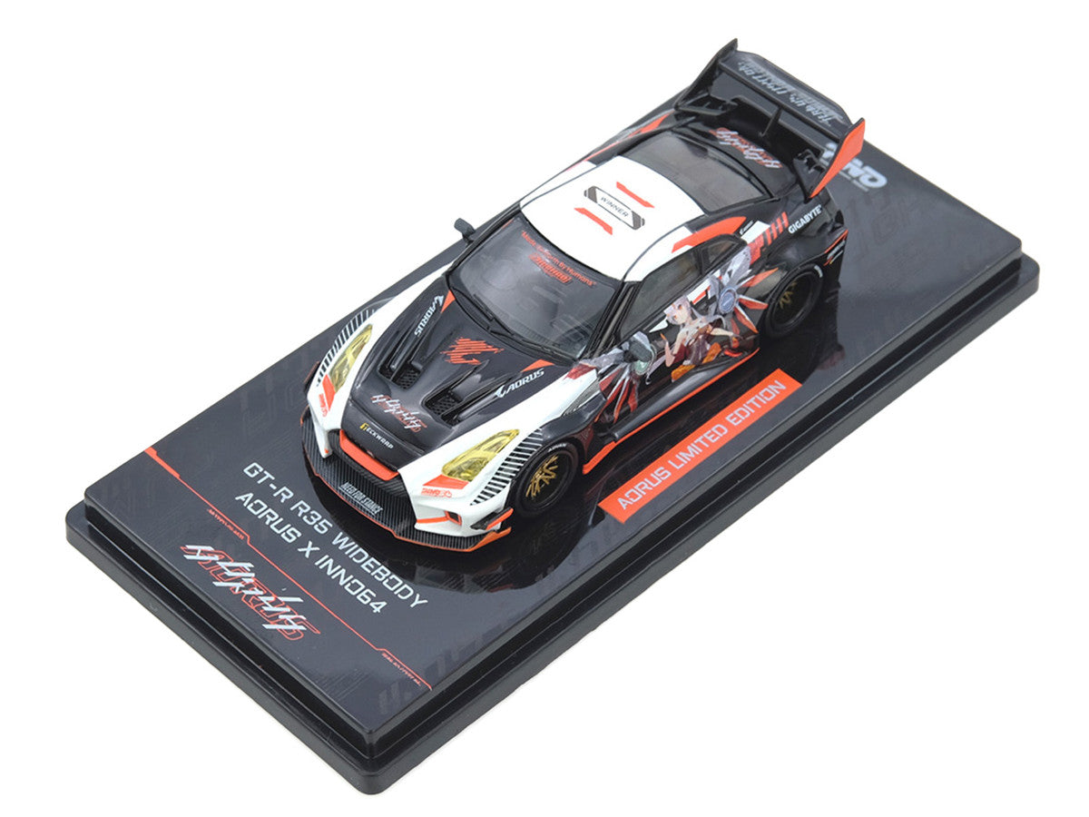 Nissan GT-R (R35) Widebody RHD (Right Hand Drive) Black and White with Graphics "AORUS X INNO64 Limited Edition" 1/64 Diecast Model Car by Inno Models LuxuryLifeWay Online Store