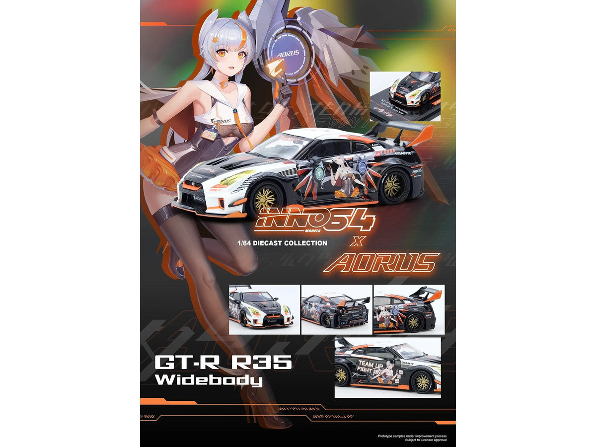 Nissan GT-R (R35) Widebody RHD (Right Hand Drive) Black and White with Graphics "AORUS X INNO64 Limited Edition" 1/64 Diecast Model Car by Inno Models LuxuryLifeWay Online Store