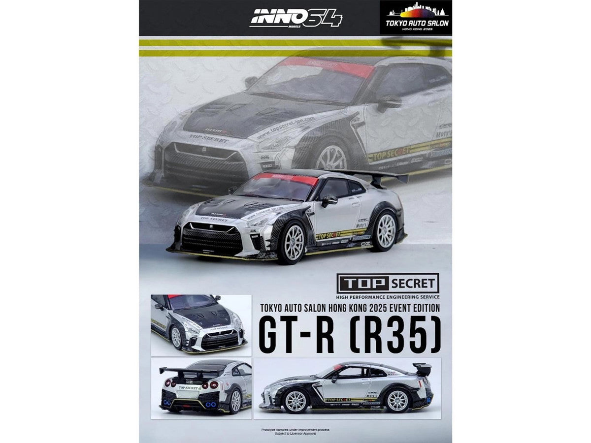 Nissan GT-R (R35) Top Secret RHD (Right Hand Drive) Silver Metallic with Carbon Hood and Top "Tokyo Auto Salon Hong Kong 2025 Event Edition" 1/64 Diecast Model Car by Inno Models LuxuryLifeWay Online Store