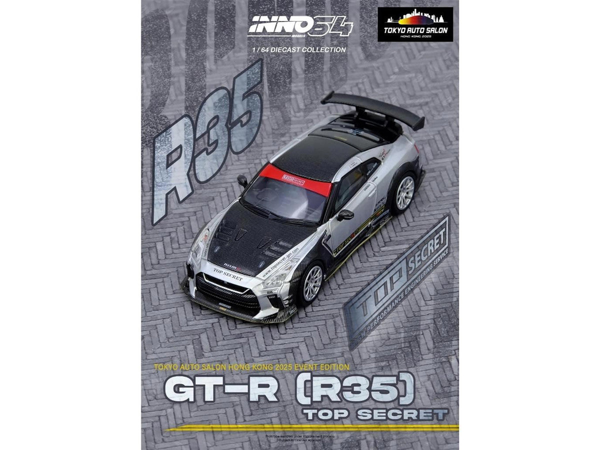 Nissan GT-R (R35) Top Secret RHD (Right Hand Drive) Silver Metallic with Carbon Hood and Top "Tokyo Auto Salon Hong Kong 2025 Event Edition" 1/64 Diecast Model Car by Inno Models LuxuryLifeWay Online Store