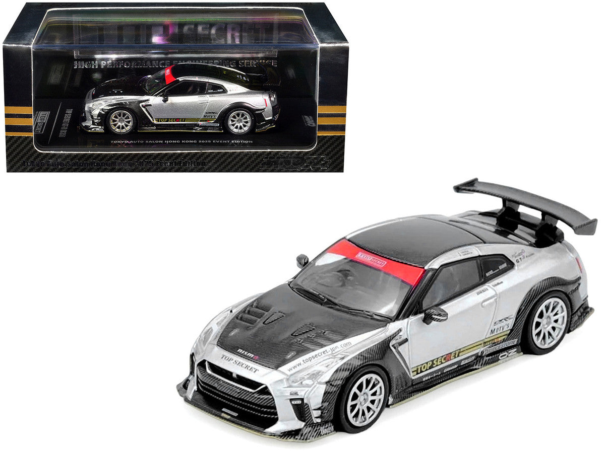 Nissan GT-R (R35) Top Secret RHD (Right Hand Drive) Silver Metallic with Carbon Hood and Top "Tokyo Auto Salon Hong Kong 2025 Event Edition" 1/64 Diecast Model Car by Inno Models LuxuryLifeWay Online Store
