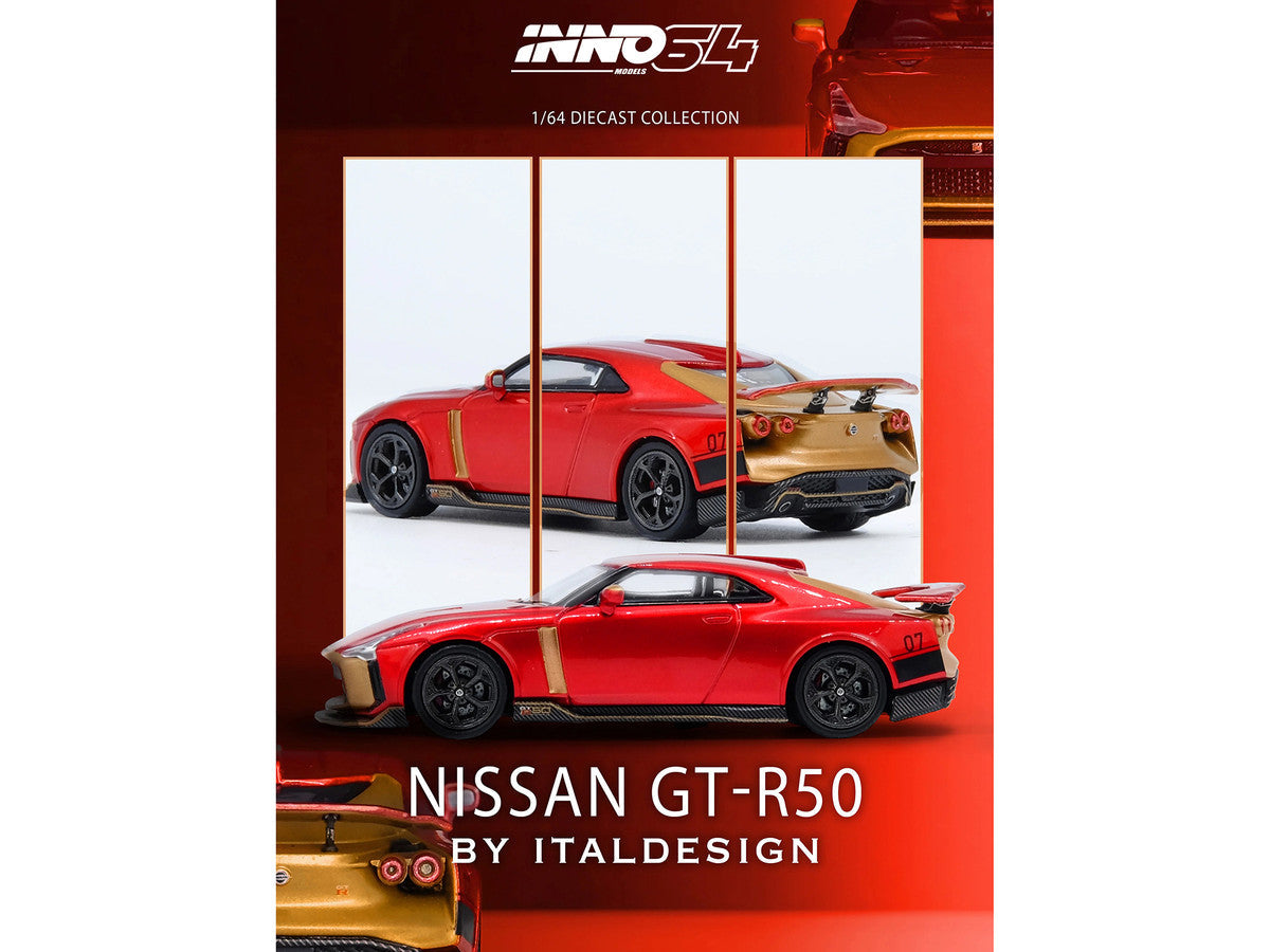 Nissan GT-R50 By ItalDesign Red Metallic with Gold Accents 1/64 Diecast Model Car by Inno Models LuxuryLifeWay Online Store