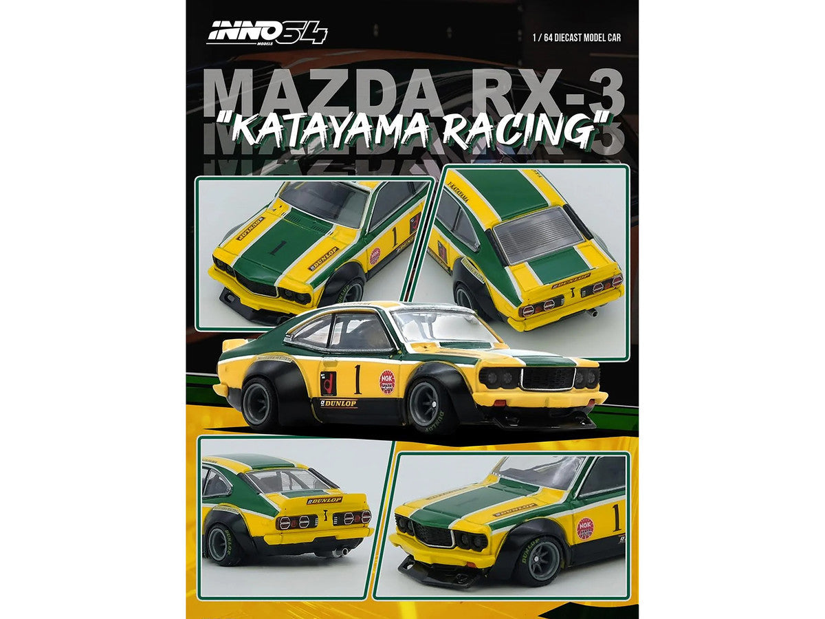 Mazda RX-3 Savanna RHD (Right Hand Drive) #1 "Katayama Racing Livery" Green and Yellow Striped 1/64 Diecast Model Car by Inno Models LuxuryLifeWay Online Store
