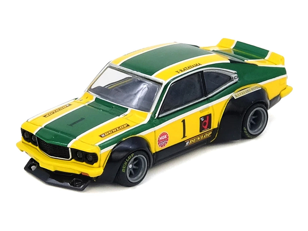 Mazda RX-3 Savanna RHD (Right Hand Drive) #1 "Katayama Racing Livery" Green and Yellow Striped 1/64 Diecast Model Car by Inno Models LuxuryLifeWay Online Store