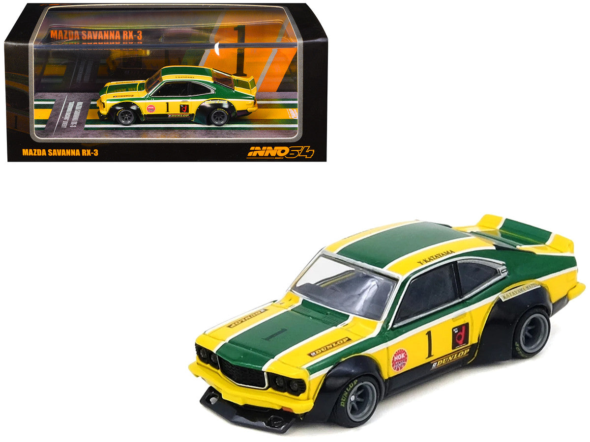 Mazda RX-3 Savanna RHD (Right Hand Drive) #1 "Katayama Racing Livery" Green and Yellow Striped 1/64 Diecast Model Car by Inno Models LuxuryLifeWay Online Store