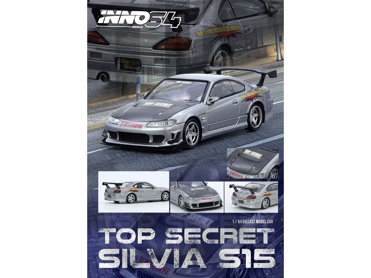 Nissan "Top Secret" Silvia (S15) RHD (Right Hand Drive) Silver Metallic with Carbon Hood 1/64 Diecast Model Car by Inno Models LuxuryLifeWay Online Store