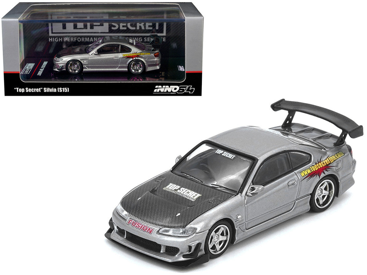 Nissan "Top Secret" Silvia (S15) RHD (Right Hand Drive) Silver Metallic with Carbon Hood 1/64 Diecast Model Car by Inno Models LuxuryLifeWay Online Store
