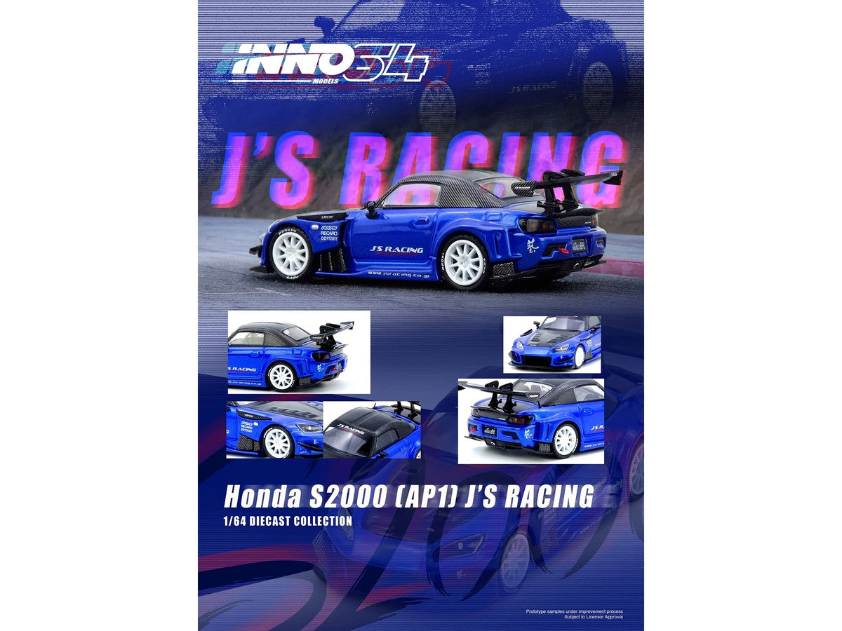 Honda S2000 RHD (Right Hand Drive) "J's Racing" Blue Metallic with Carbon Hood and Top 1/64 Diecast Model Car by Inno Models LuxuryLifeWay Online Store