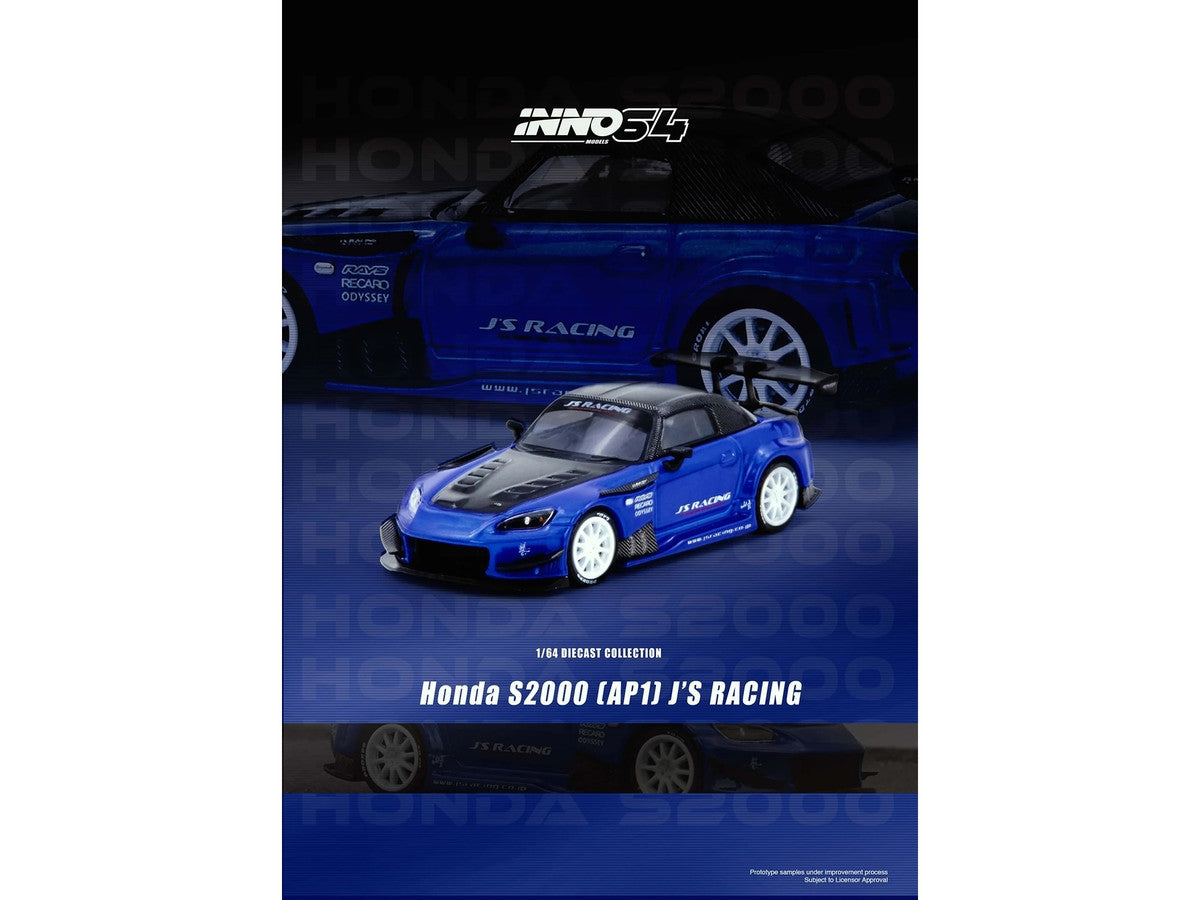 Honda S2000 RHD (Right Hand Drive) "J's Racing" Blue Metallic with Carbon Hood and Top 1/64 Diecast Model Car by Inno Models LuxuryLifeWay Online Store