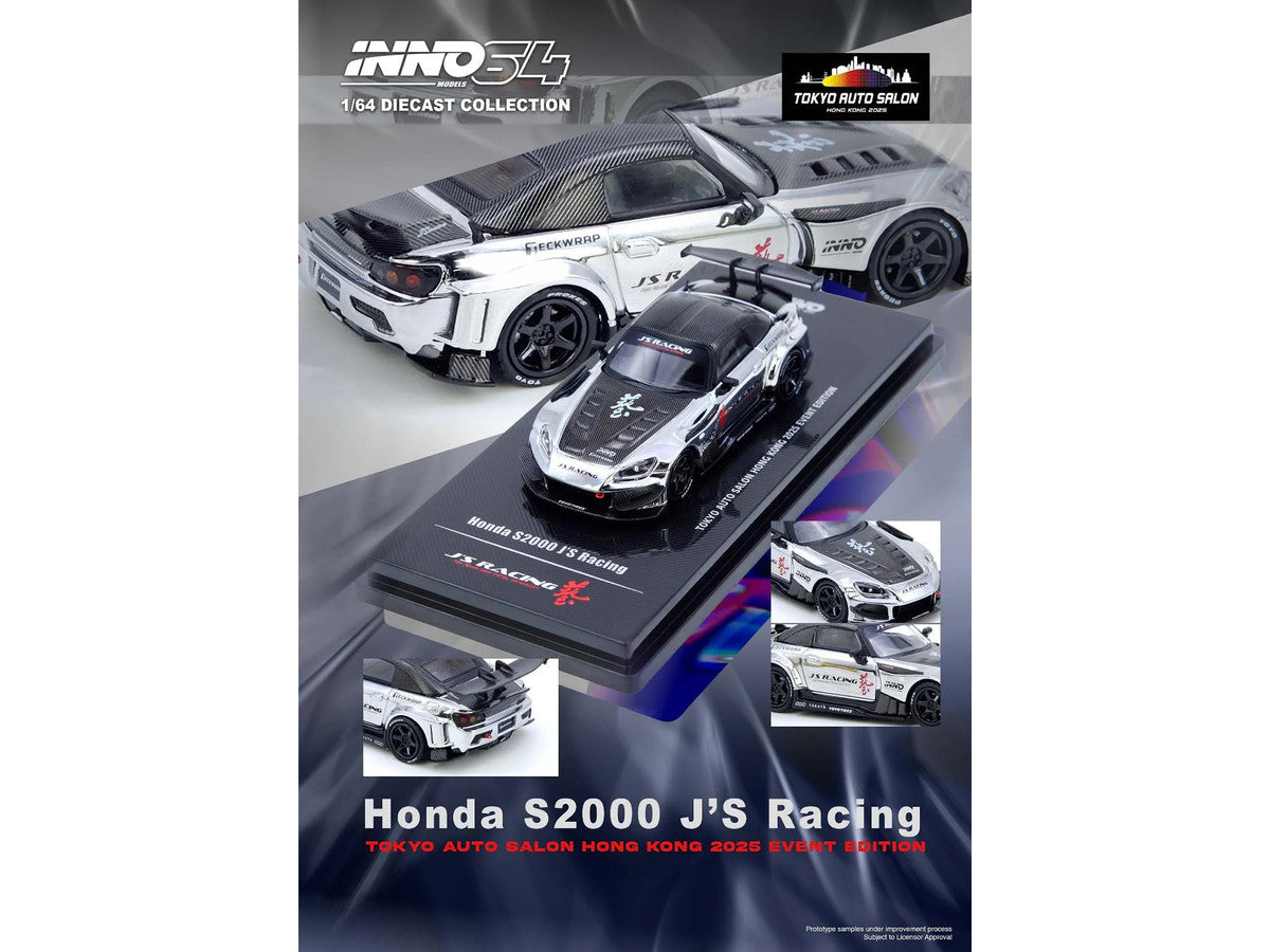 Honda S2000 RHD (Right Hand Drive) "J's Racing" Chrome Silver with Carbon Hood and Top with Graphics "Tokyo Auto Salon Hong Kong 2025 Event Edition" 1/64 Diecast Model Car by Inno Models LuxuryLifeWay Online Store