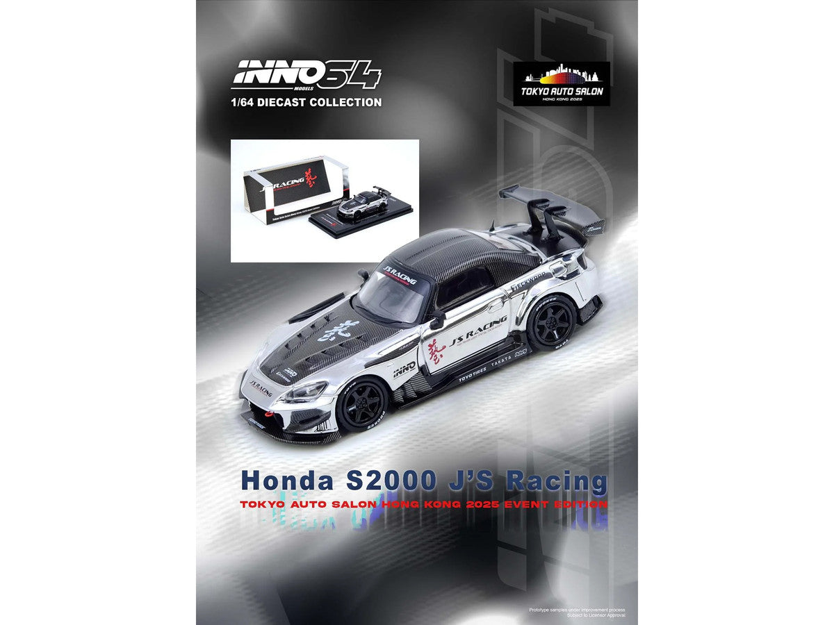 Honda S2000 RHD (Right Hand Drive) "J's Racing" Chrome Silver with Carbon Hood and Top with Graphics "Tokyo Auto Salon Hong Kong 2025 Event Edition" 1/64 Diecast Model Car by Inno Models LuxuryLifeWay Online Store