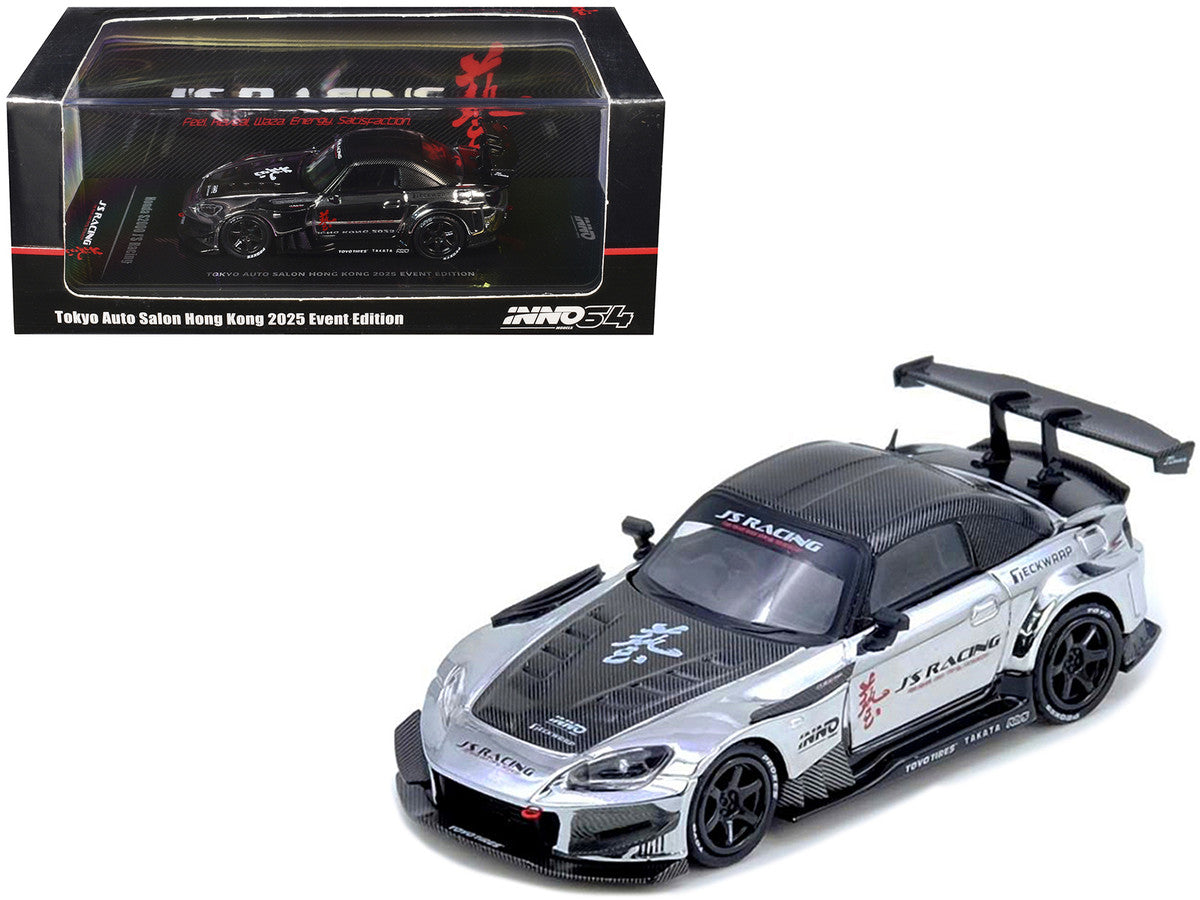 Honda S2000 RHD (Right Hand Drive) "J's Racing" Chrome Silver with Carbon Hood and Top with Graphics "Tokyo Auto Salon Hong Kong 2025 Event Edition" 1/64 Diecast Model Car by Inno Models LuxuryLifeWay Online Store