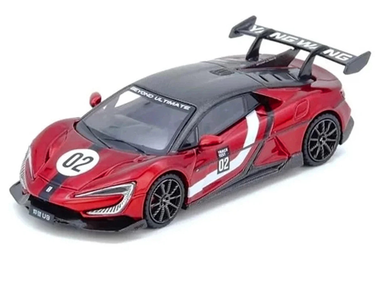 2025 Yangwang U9 Xtreme Test Car #02 Red Metallic with White Stripes and Carbon Top "World Fastest EV Supercar" 1/64 Diecast Model Car by Inno Models LuxuryLifeWay Online Store