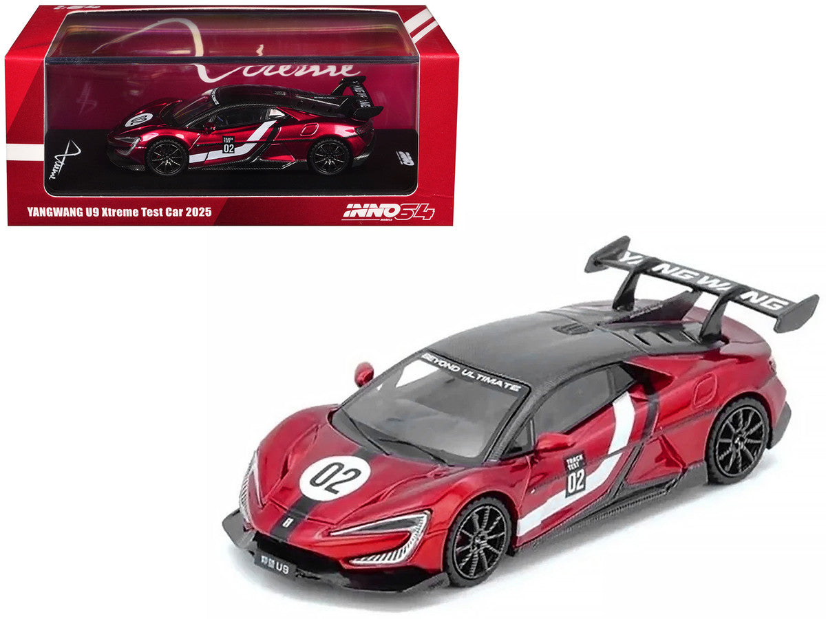 2025 Yangwang U9 Xtreme Test Car #02 Red Metallic with White Stripes and Carbon Top "World Fastest EV Supercar" 1/64 Diecast Model Car by Inno Models LuxuryLifeWay Online Store