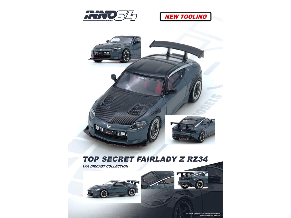Nissan Fairlady Z "Top Secret" (RZ34) RHD (Right Hand Drive) Stealth Gray with Carbon Hood and Black Top 1/64 Diecast Model Car by Inno Models LuxuryLifeWay Online Store