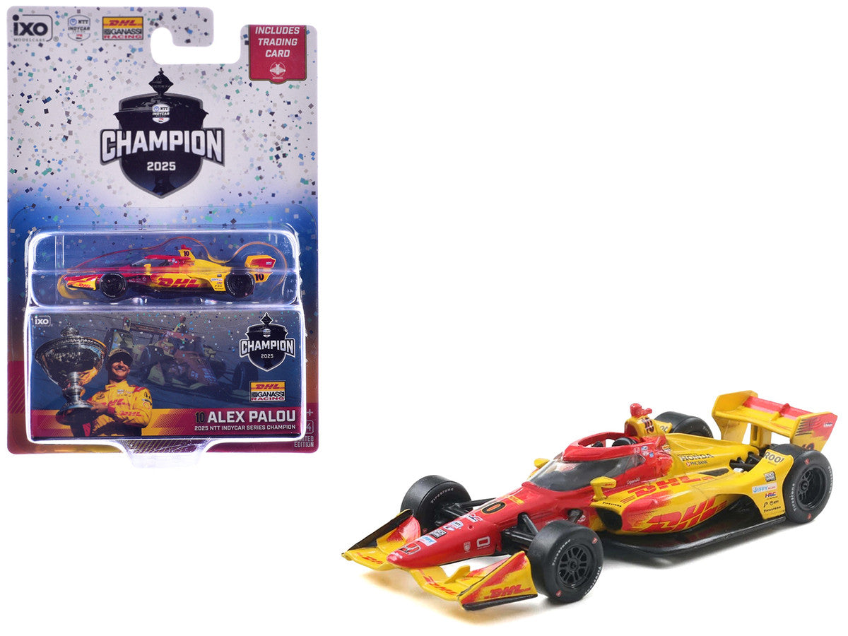 Dallara IndyCar #10 Alex Palou "DHL" Chip Ganassi Racing (Road Course Configuration) Champion "NTT IndyCar Series" (2025) with Trading Card 1/64 Diecast Model Car by IXO Models LuxuryLifeWay Online Store