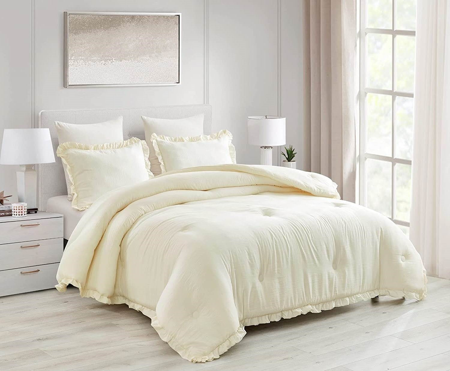 Full Size Ivory Microfiber 3-Piece Comforter Set with Ruffled Edge Trim LuxuryLifeWay Online Store