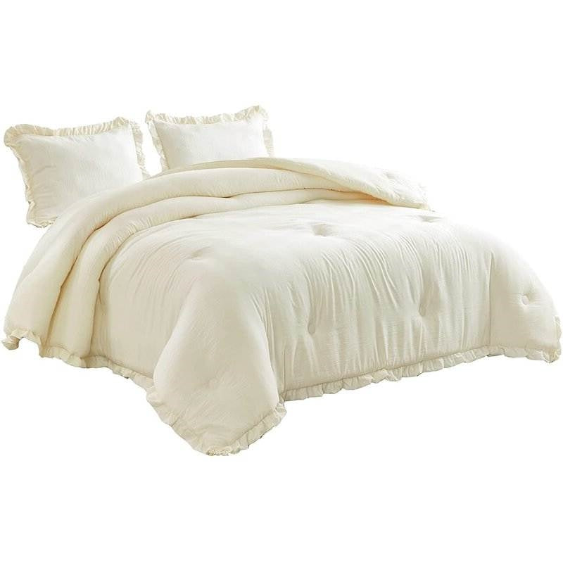 Full Size Ivory Microfiber 3-Piece Comforter Set with Ruffled Edge Trim LuxuryLifeWay Online Store