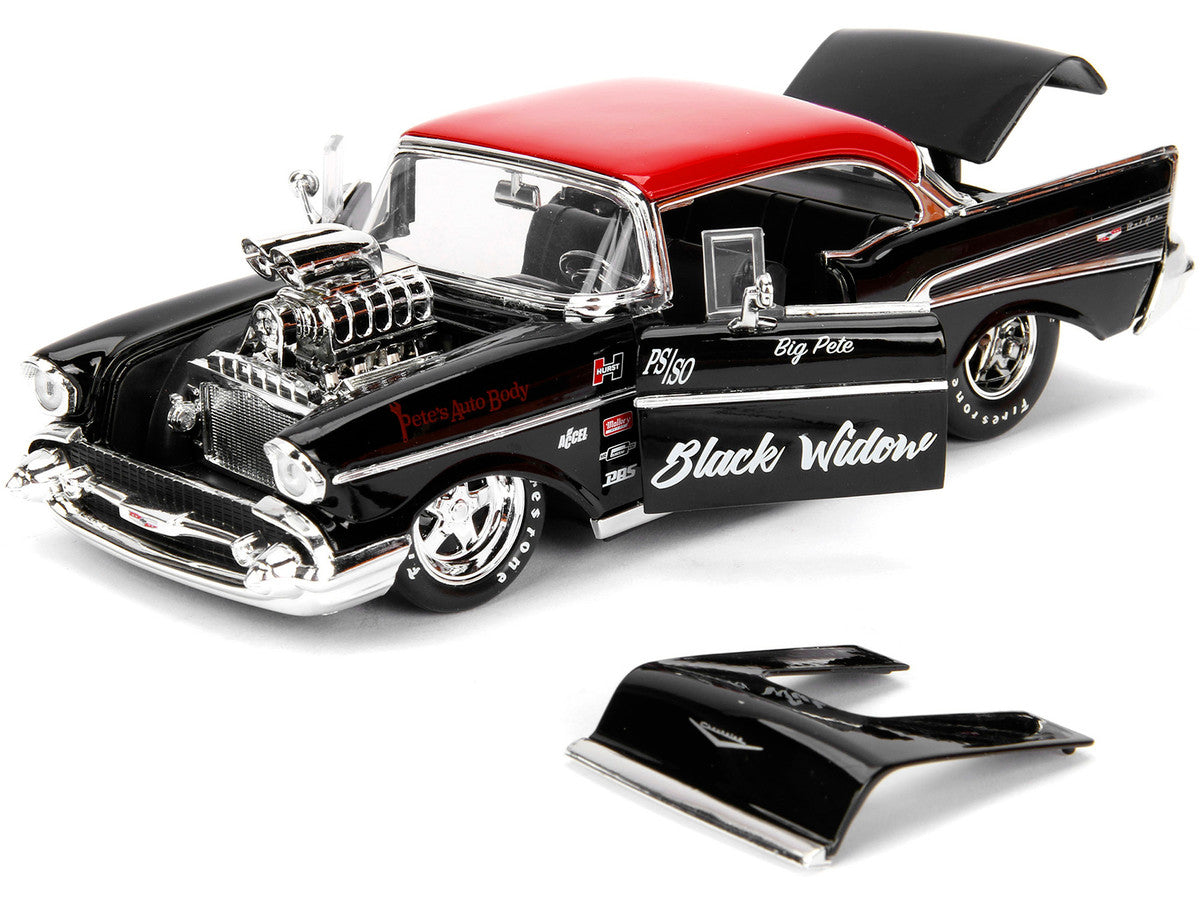 1957 Chevrolet Bel Air Black with Red Top "Pete's Auto Body: Black Widow" "Bigtime Muscle" Series 1/24 Diecast Model Car by Jada LuxuryLifeWay Online Store