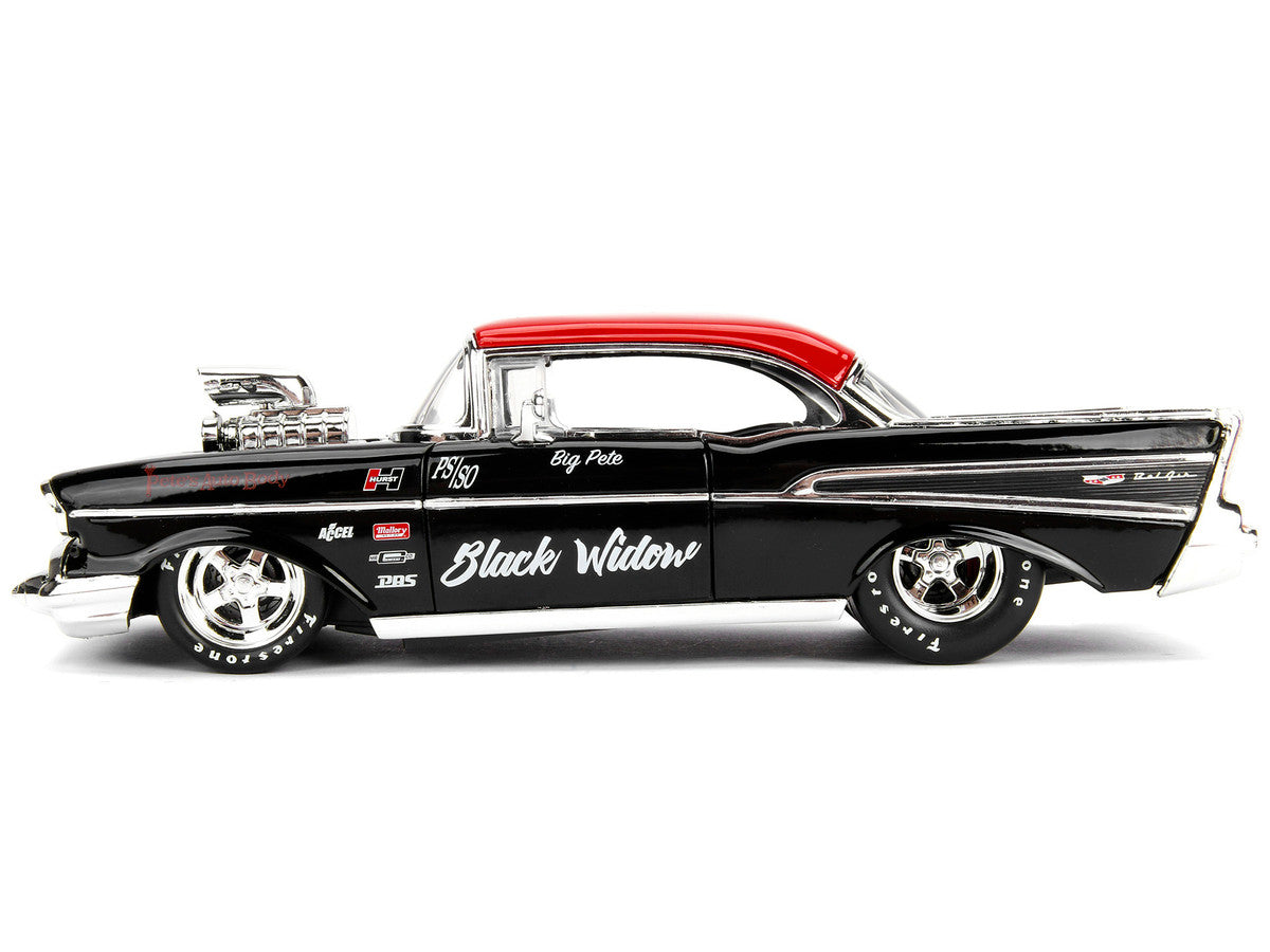 1957 Chevrolet Bel Air Black with Red Top "Pete's Auto Body: Black Widow" "Bigtime Muscle" Series 1/24 Diecast Model Car by Jada LuxuryLifeWay Online Store