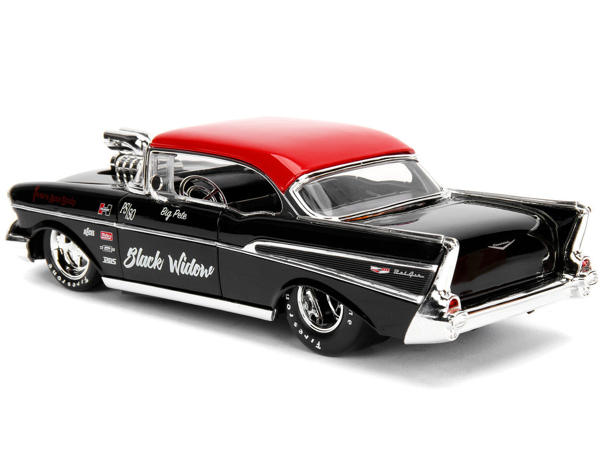 1957 Chevrolet Bel Air Black with Red Top "Pete's Auto Body: Black Widow" "Bigtime Muscle" Series 1/24 Diecast Model Car by Jada LuxuryLifeWay Online Store