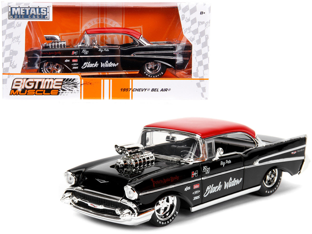 1957 Chevrolet Bel Air Black with Red Top "Pete's Auto Body: Black Widow" "Bigtime Muscle" Series 1/24 Diecast Model Car by Jada LuxuryLifeWay Online Store
