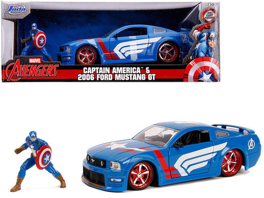 2006 Ford Mustang GT with Captain America Diecast Figurine "Avengers" "Marvel" Series 1/24 Diecast Model Car by Jada LuxuryLifeWay Online Store