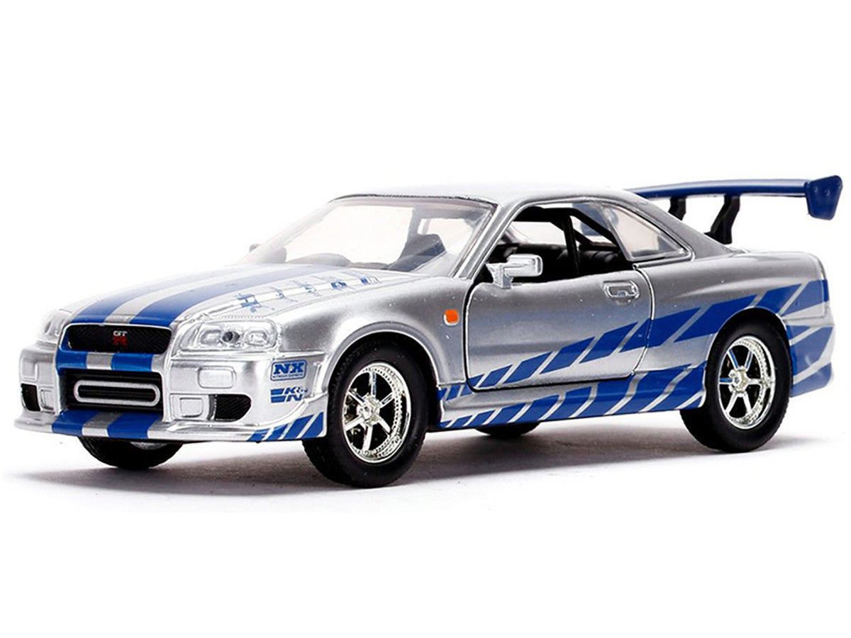 Brian's Nissan Skyline GT-R (BNR34) Silver with Blue Stripes and Nissan GT-R (BNR34) Blue Metallic Set of 2 pieces "25 Years of Fast & Furious" Series 1/32 Diecast Model Cars by Jada LuxuryLifeWay Online Store