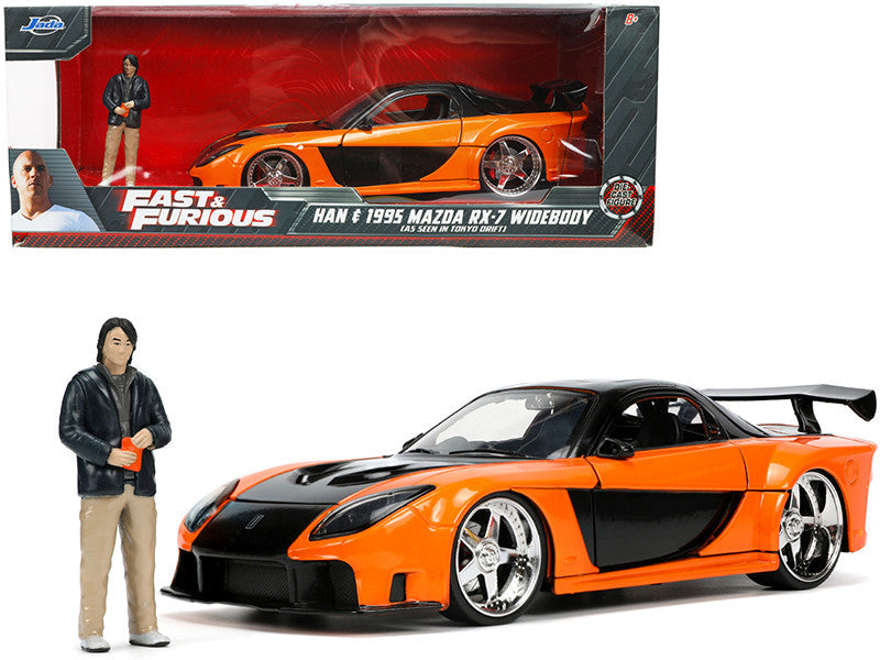 1995 Mazda RX-7 Widebody RHD (Right Hand Drive) Orange Metallic and Black with Han Diecast Figurine "The Fast and the Furious: Tokyo Drift" (2006) Movie 1/24 Diecast Model Car by Jada LuxuryLifeWay Online Store