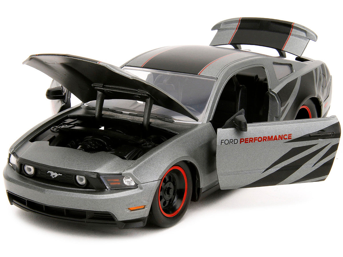 2010 Ford Mustang GT Matt Gray Metallic with Black Graphics and Stripes "Ford Performance" "Bigtime Muscle" Series 1/24 Diecast Model Car by Jada LuxuryLifeWay Online Store
