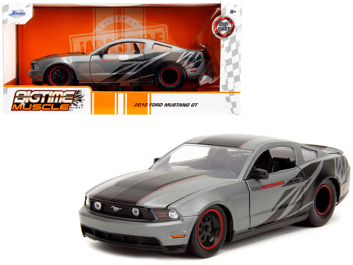 2010 Ford Mustang GT Matt Gray Metallic with Black Graphics and Stripes "Ford Performance" "Bigtime Muscle" Series 1/24 Diecast Model Car by Jada LuxuryLifeWay Online Store