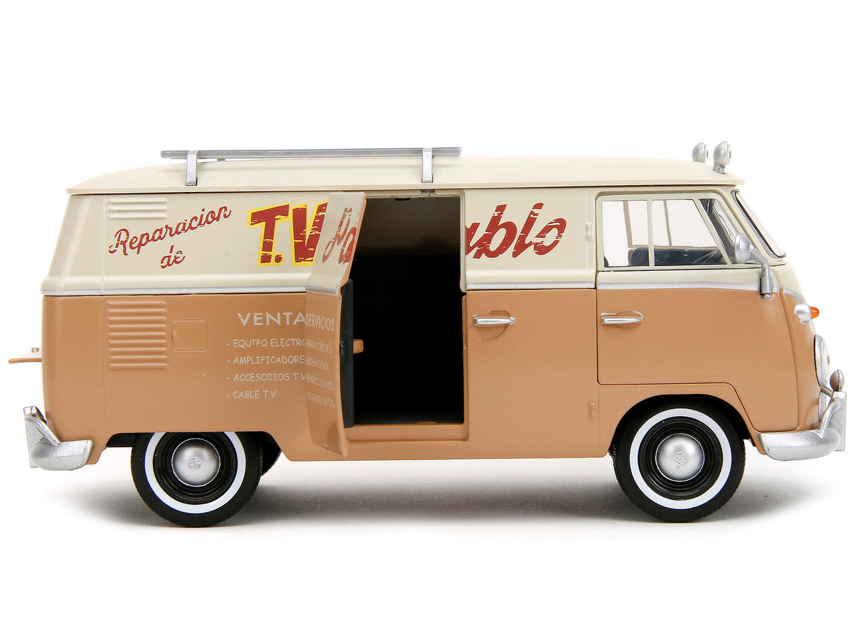 Volkswagen Bus "WheelJack" Tan and Beige "Frank's TV Repair" and Transformers Logo Diecast Statue "Transformers: Rise of the Beasts" (2023) Movie "Hollywood Rides" Series 1/24 Diecast Model Car by Jada LuxuryLifeWay Online Store