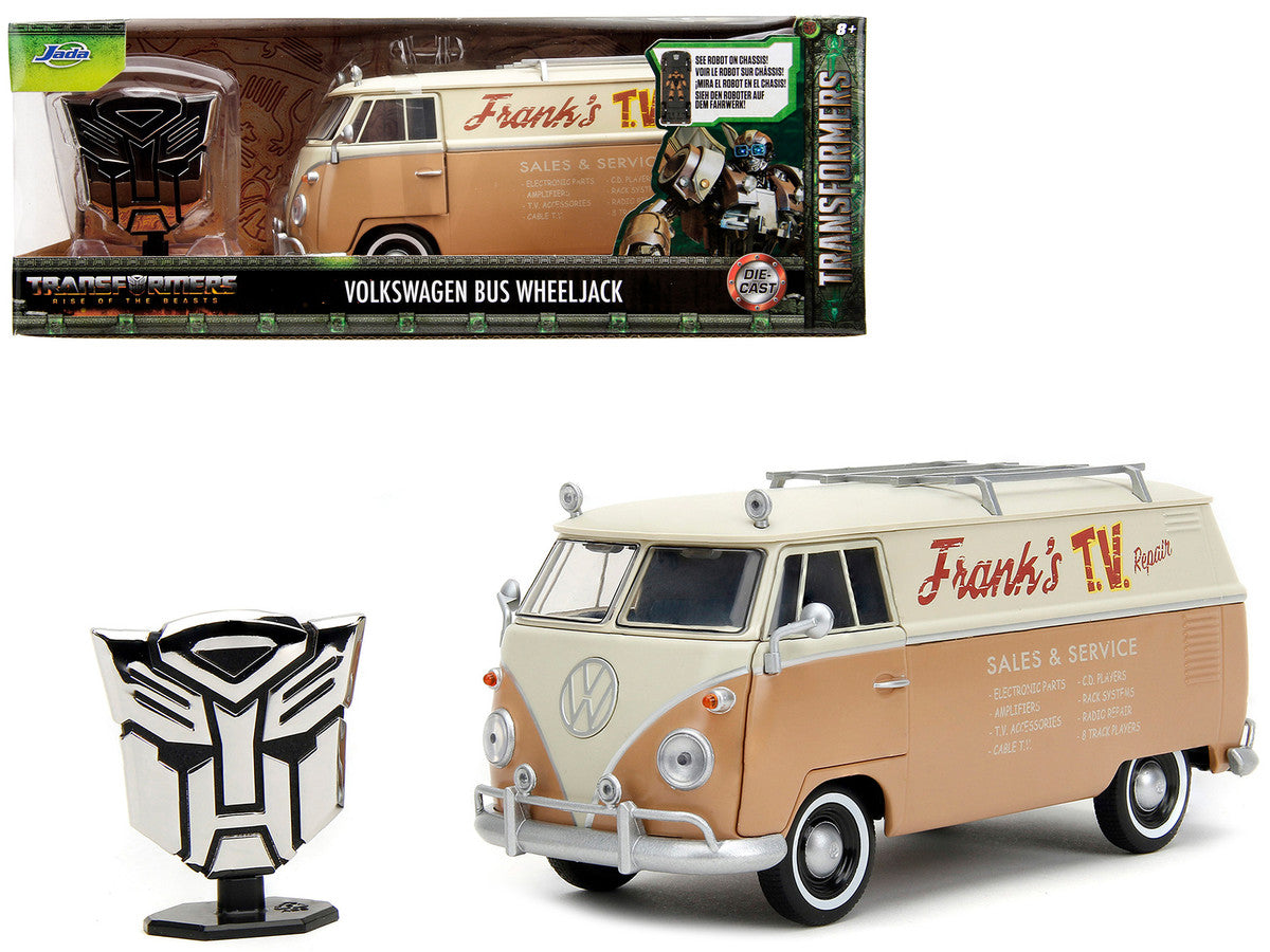 Volkswagen Bus "WheelJack" Tan and Beige "Frank's TV Repair" and Transformers Logo Diecast Statue "Transformers: Rise of the Beasts" (2023) Movie "Hollywood Rides" Series 1/24 Diecast Model Car by Jada LuxuryLifeWay Online Store