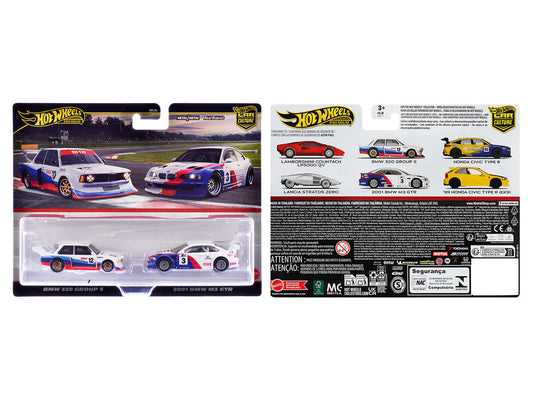 BMW 320 Group 5 #12 White with Stripes and 2001 BMW M3 GTR #3 White with Stripes "Car Culture" Set of 2 Cars Diecast Model Cars by Hot Wheels LuxuryLifeWay Online Store
