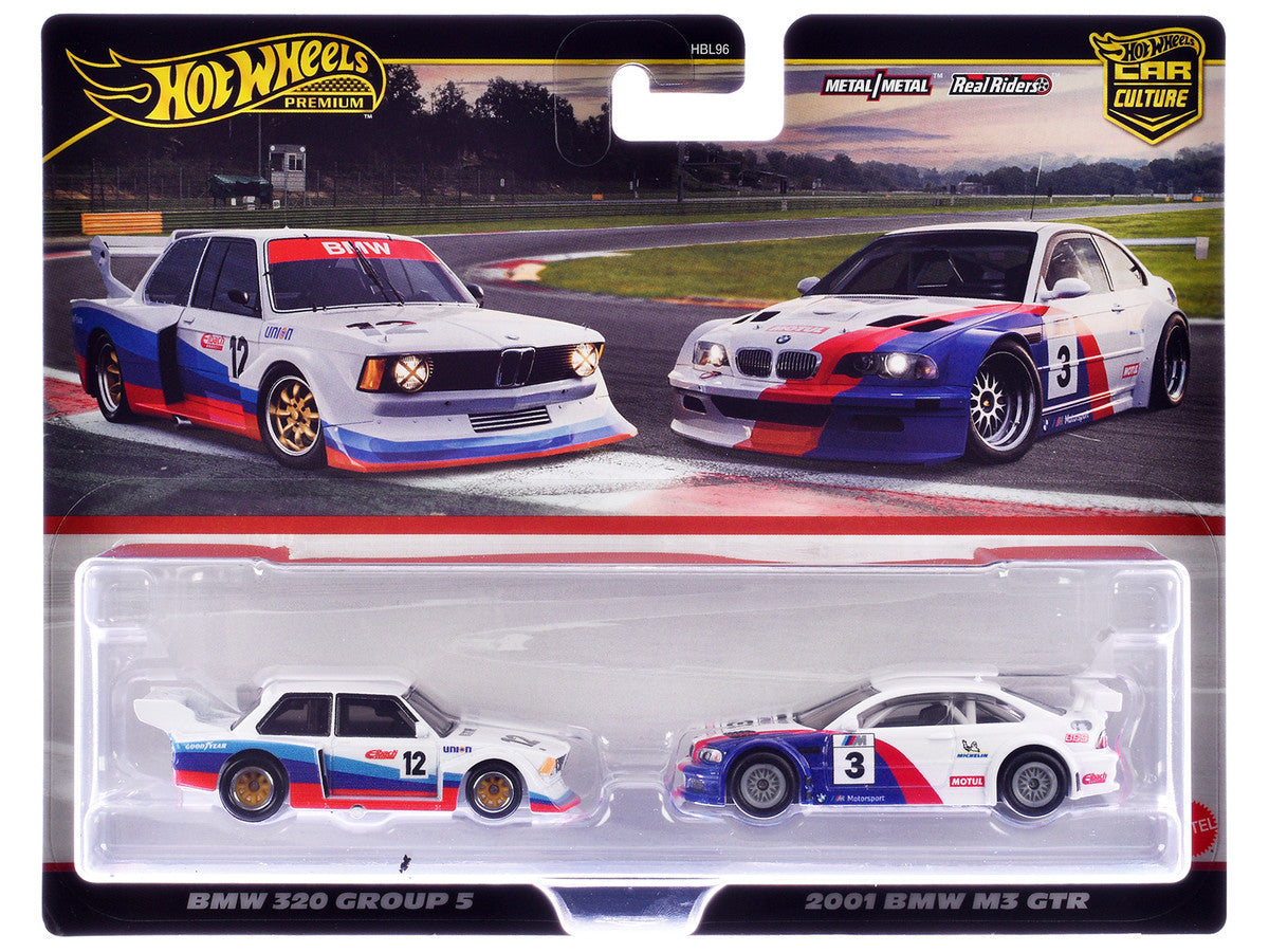 BMW 320 Group 5 #12 White with Stripes and 2001 BMW M3 GTR #3 White with Stripes "Car Culture" Set of 2 Cars Diecast Model Cars by Hot Wheels LuxuryLifeWay Online Store