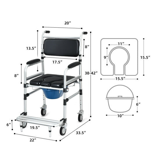 2-in-1 Aluminum Commode Shower Wheelchair with Locking Casters LuxuryLifeWay Online Store