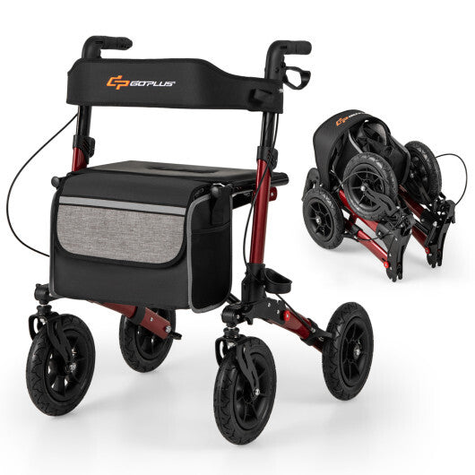 Goplus Walker for Seniors Folding Rollator Walker with 9" Pneumatic Tires for All Terrain Red LuxuryLifeWay Online Store