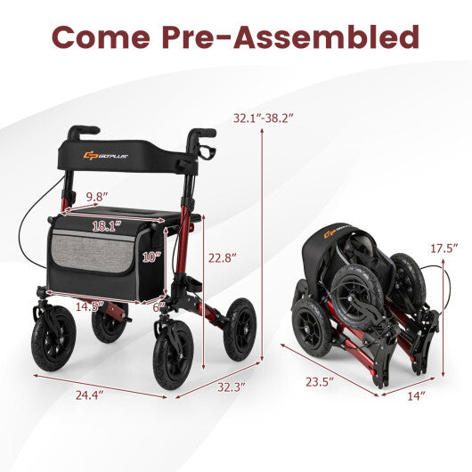 Goplus Walker for Seniors Folding Rollator Walker with 9" Pneumatic Tires for All Terrain Red LuxuryLifeWay Online Store