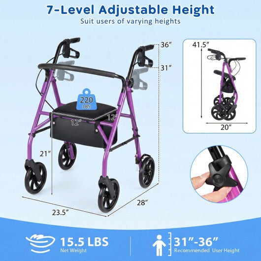 Rollator Walker with Seat and Height Adjustable Handles-Purple LuxuryLifeWay Online Store