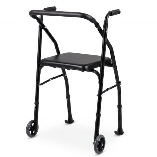 Lightweight Aluminum Mobility Walker for Seniors with 2 Wheels 5-Level Adjustable Height and Padded Seat-Black LuxuryLifeWay Online Store