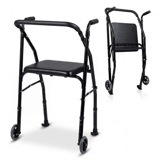 Lightweight Aluminum Mobility Walker for Seniors with 2 Wheels 5-Level Adjustable Height and Padded Seat-Black LuxuryLifeWay Online Store
