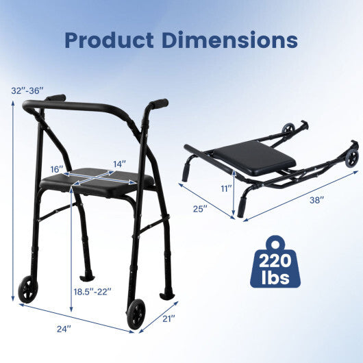 Lightweight Aluminum Mobility Walker for Seniors with 2 Wheels 5-Level Adjustable Height and Padded Seat-Black LuxuryLifeWay Online Store