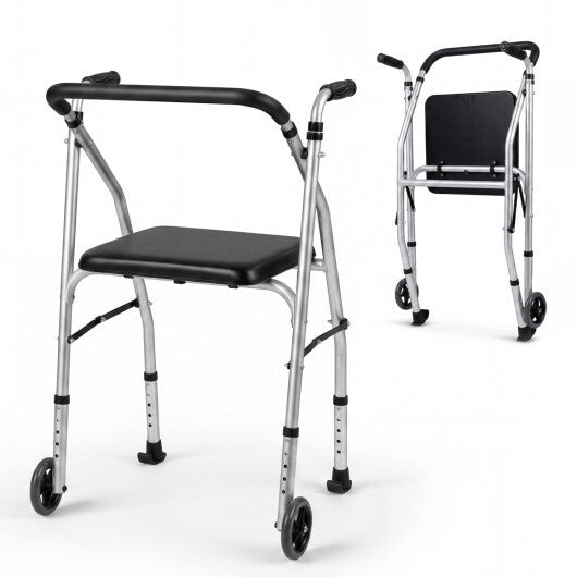 Lightweight Aluminum Mobility Walker for Seniors with 2 Wheels 5-Level Adjustable Height and Padded Seat-Black LuxuryLifeWay Online Store