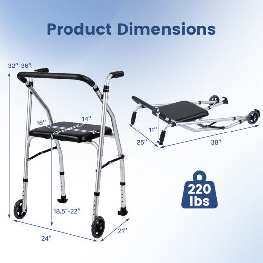Lightweight Aluminum Mobility Walker for Seniors with 2 Wheels 5-Level Adjustable Height and Padded Seat-Black LuxuryLifeWay Online Store
