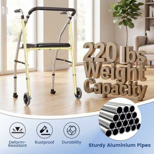 Lightweight Aluminum Mobility Walker for Seniors with 2 Wheels 5-Level Adjustable Height and Padded Seat-Black LuxuryLifeWay Online Store