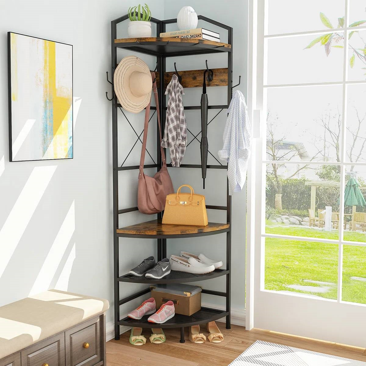 Industrial Metal/Wood Corner Hall Tree Shoe Storage Bench Coat Rack LuxuryLifeWay Online Store