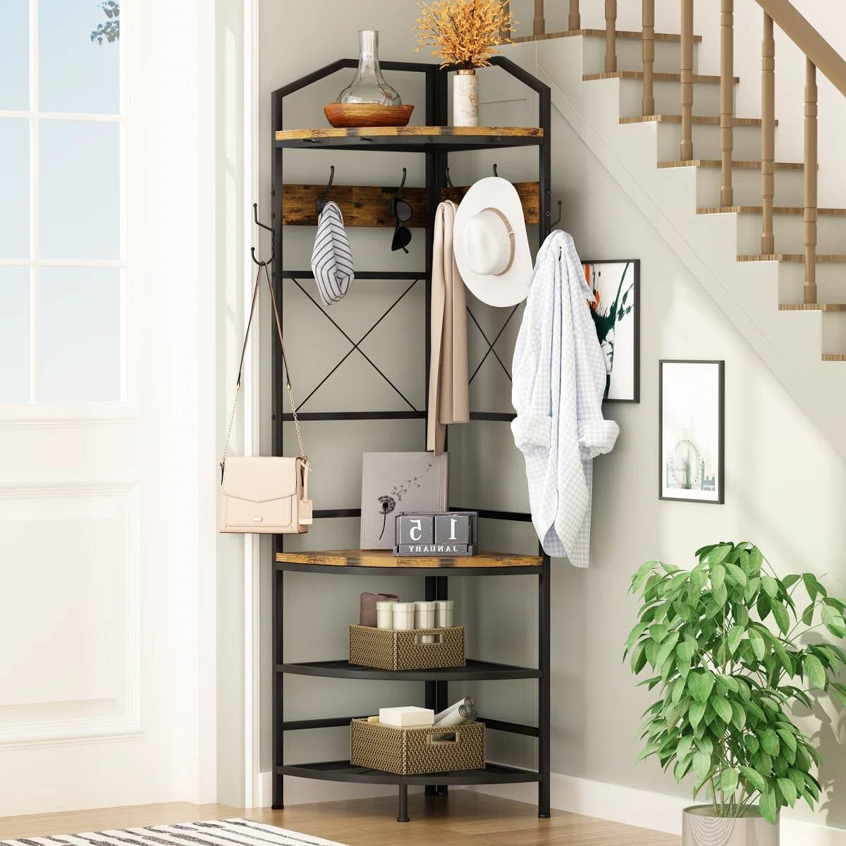 Industrial Metal/Wood Corner Hall Tree Shoe Storage Bench Coat Rack LuxuryLifeWay Online Store