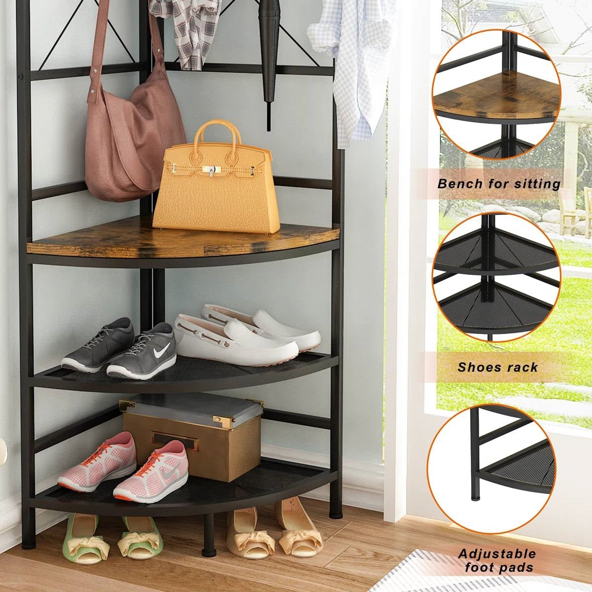 Industrial Metal/Wood Corner Hall Tree Shoe Storage Bench Coat Rack LuxuryLifeWay Online Store