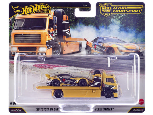 Fleet Street Flatbed Truck Yellow with Graphics and 2020 Toyota GR Supra #15 Yellow with Black Graphics "Papadakis Racing" "Team Transport - Car Culture" Series Diecast Model Cars by Hot Wheels LuxuryLifeWay Online Store